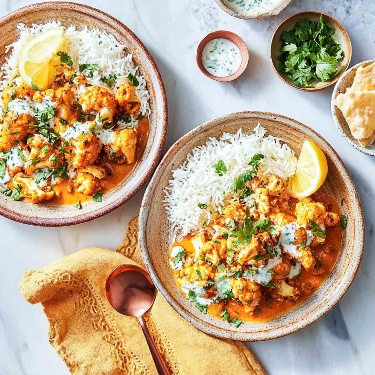 Top-down view of cauliflower curry with rice and fresh herbs on beige plates.