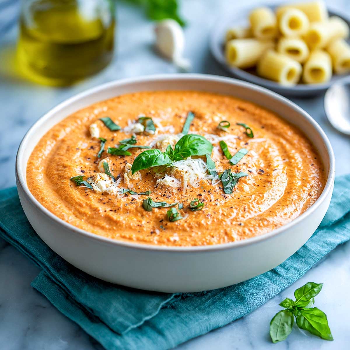 Creamy tomato cottage cheese sauce in a bowl, garnished with basil and Parmesan.