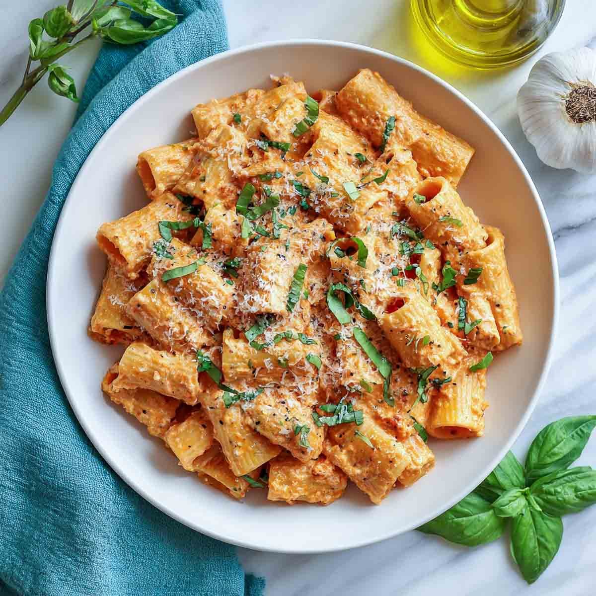 Rigatoni pasta coated in creamy tomato cottage cheese sauce, sprinkled with herbs and cheese.