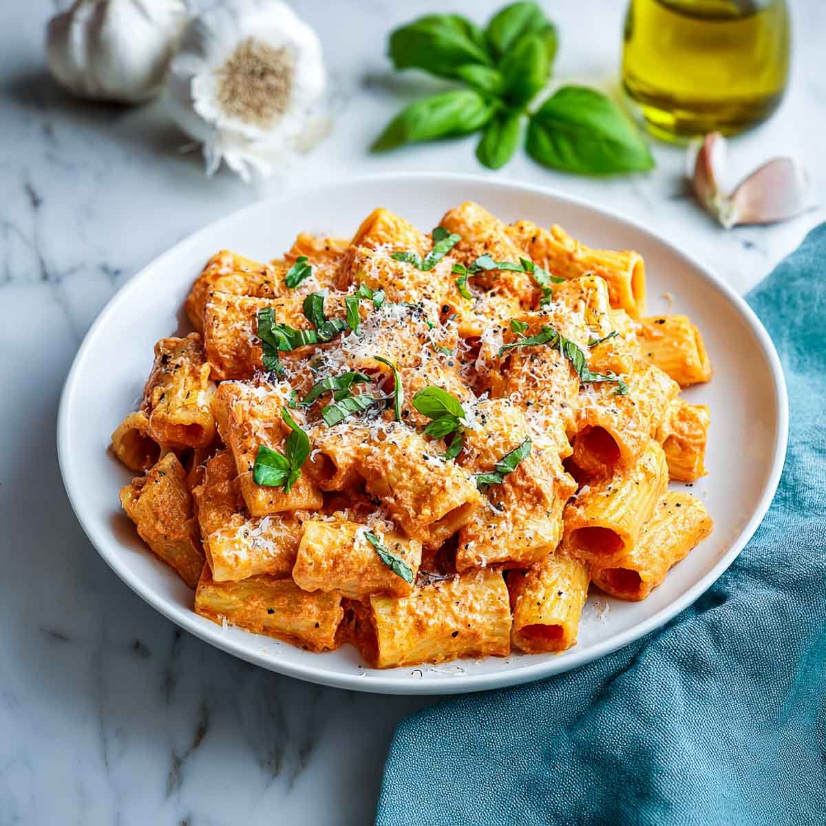Plated rigatoni tossed in creamy tomato cottage cheese sauce with shredded basil and Parmesan.