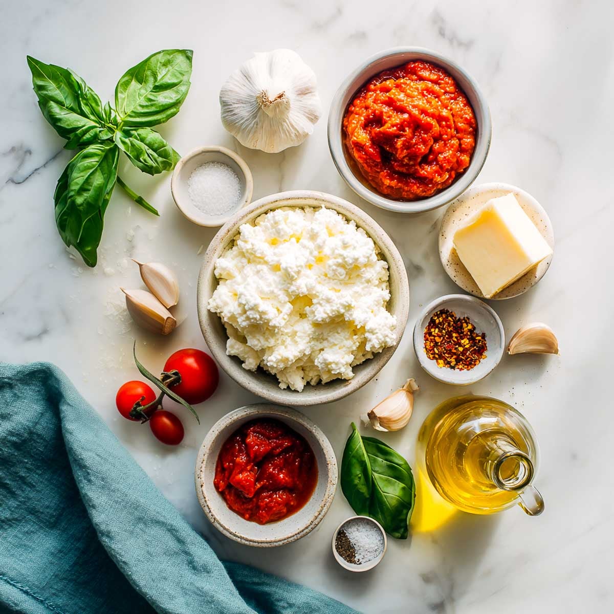Ingredients for tomato cottage cheese pasta sauce arranged on a marble surface.