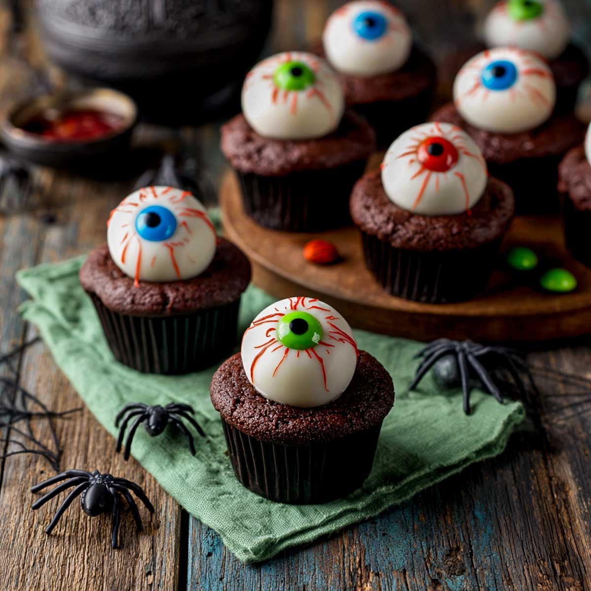 Chocolate Halloween cupcakes topped with creepy eyeballs and bloodshot red veins.