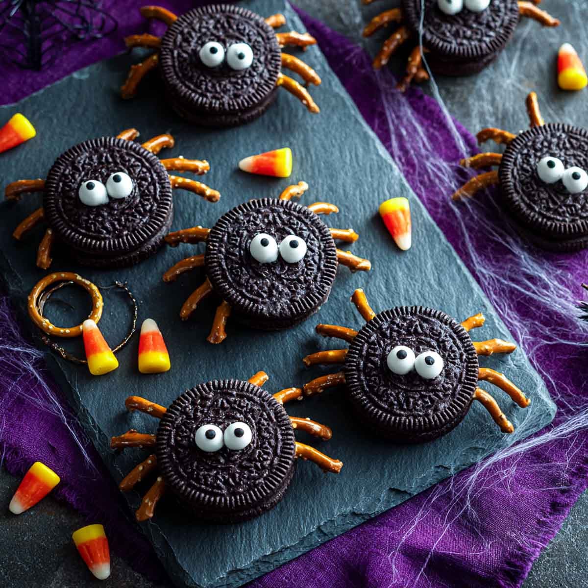 Top-down view of Oreo spider cookies with pretzel legs and candy eyes.