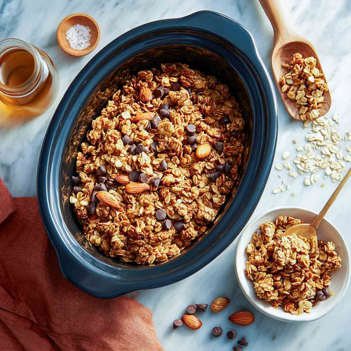 Top-down view of crockpot granola with almonds and chocolate chips, served with a spoon in a white bowl.