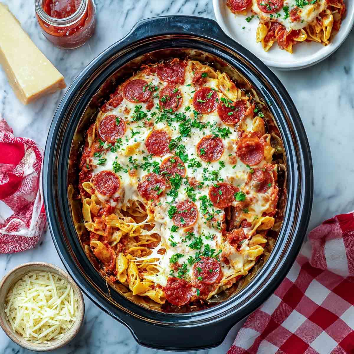 Cheesy pepperoni pizza casserole cooked in an oval black crockpot with penne pasta.