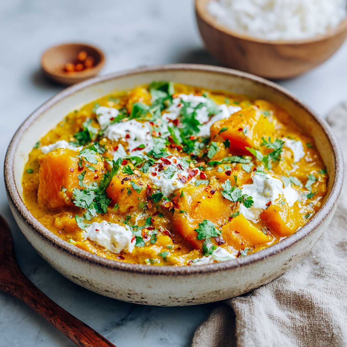 Creamy pumpkin curry with vegan cottage cheese and fresh cilantro.