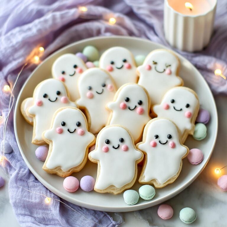 Close-up of ghost sugar cookies with white icing, pink cheeks, and smiling faces, surrounded by fairy lights and pastel candies.