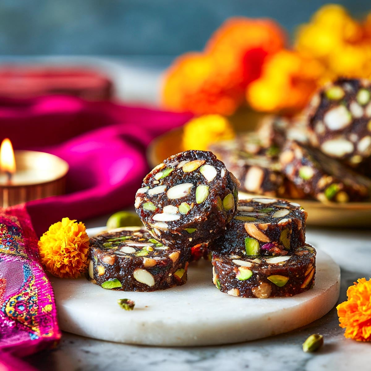 Stack of date and nut rolls on a gold pedestal stand with festive decor.