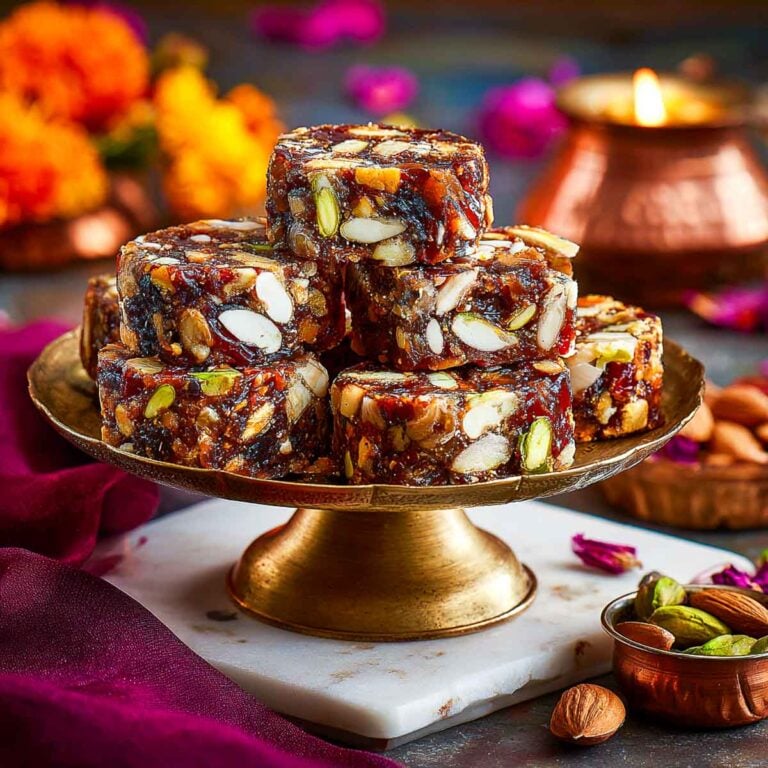 Stack of date and nut rolls on a gold pedestal stand with festive decor.