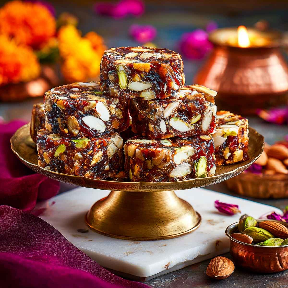 Stack of date and nut rolls on a gold pedestal stand with festive decor.