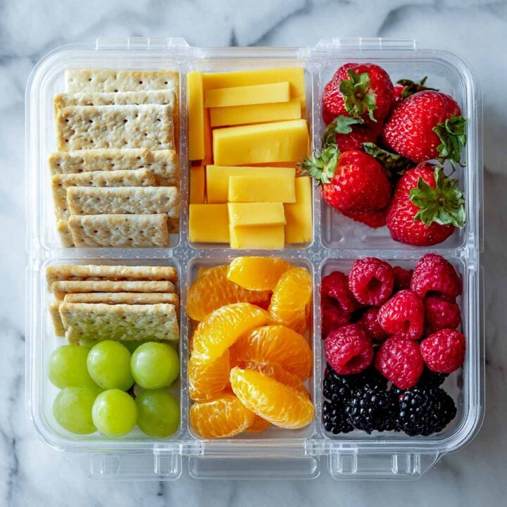 Clear lunchbox with crackers, cheese, and colorful fruit in compartments.