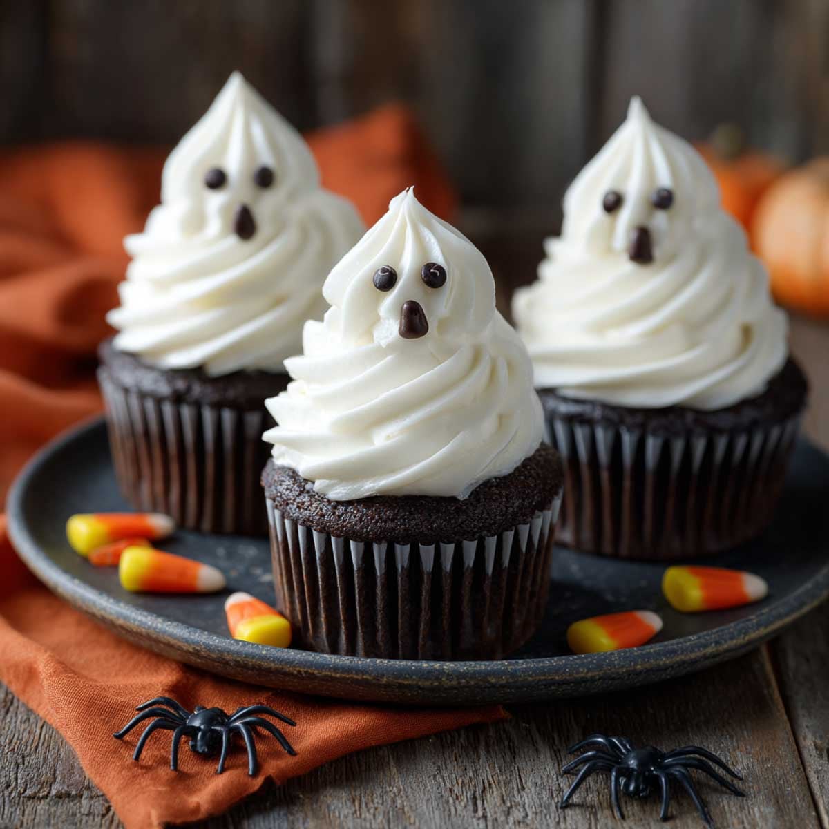 Halloween ghost cupcakes with white frosting swirls, candy eyes, and mouth.