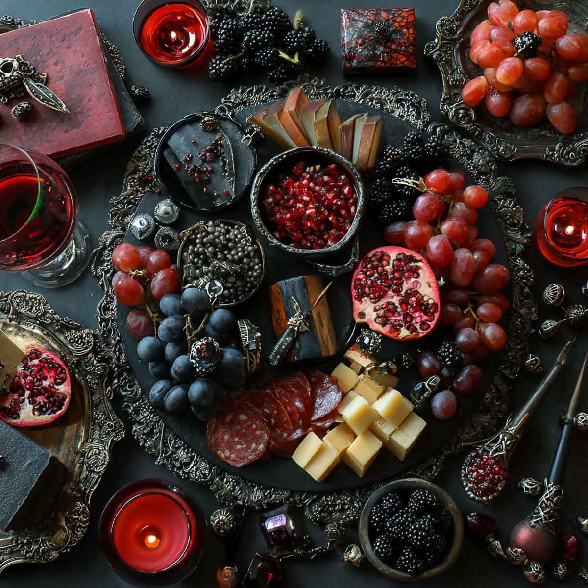 Gothic Halloween charcuterie board with red and black grapes, pomegranate halves, blackberries, sliced and cubed cheeses, salami, pomegranate seeds.