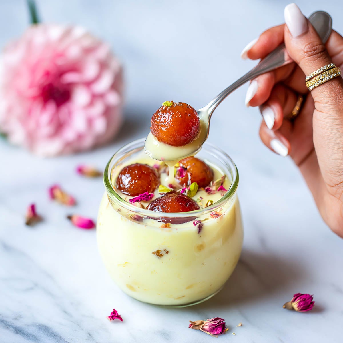 Hand holding a spoon with gulab jamun over a small glass jar of creamy custard, topped with more gulab jamun, pistachios, and rose petals.