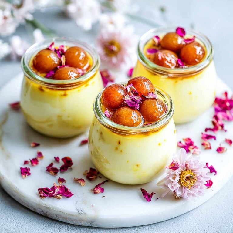 Three glass jars filled with custard and topped with gulab jamun, rose petals, and pistachios on a marble board with pink flowers.