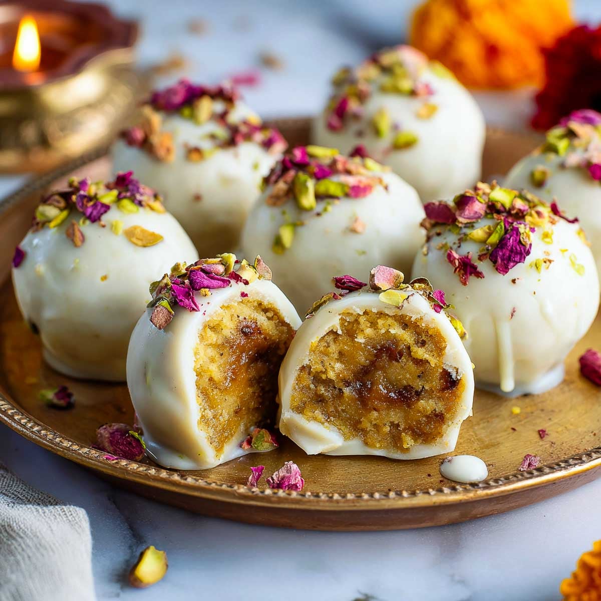 Gulab jamun truffles with one cut open showing syrupy center.
