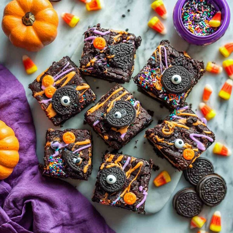 Top-down view of Halloween Oreo brownies topped with candy eyeballs, orange and purple drizzle, festive sprinkles, and mini pumpkins.