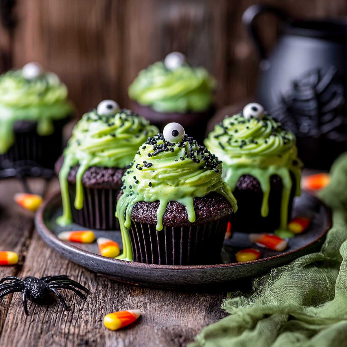 Halloween slime cupcakes with green ganache filling, frosting swirls, and candy eyes.