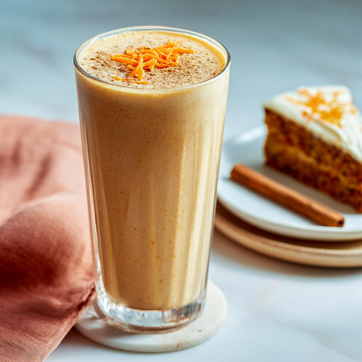 Carrot cake protein shake with cinnamon and carrot garnish on marble.