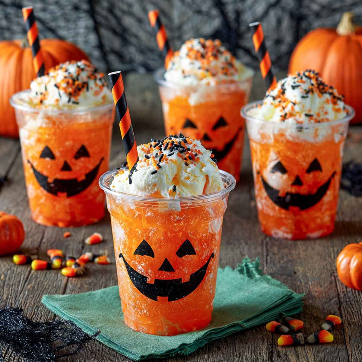 Orange Halloween soda floats in jack-o’-lantern cups with ice cream.