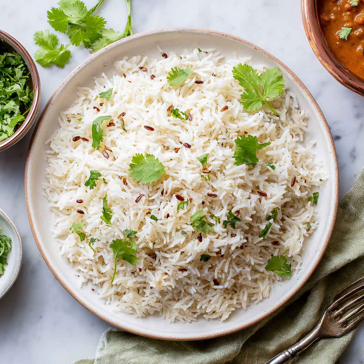 Plate of jeera rice garnished with cumin seeds and fresh herbs.