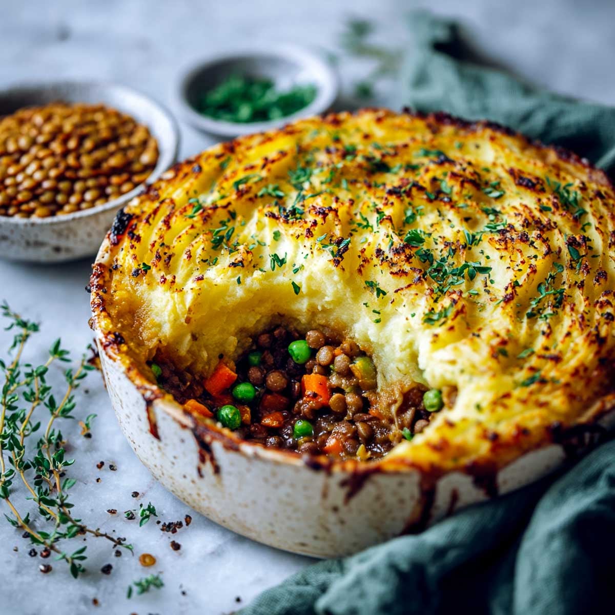Vegan shepherd’s pie with golden mashed potato topping and lentil vegetable filling.