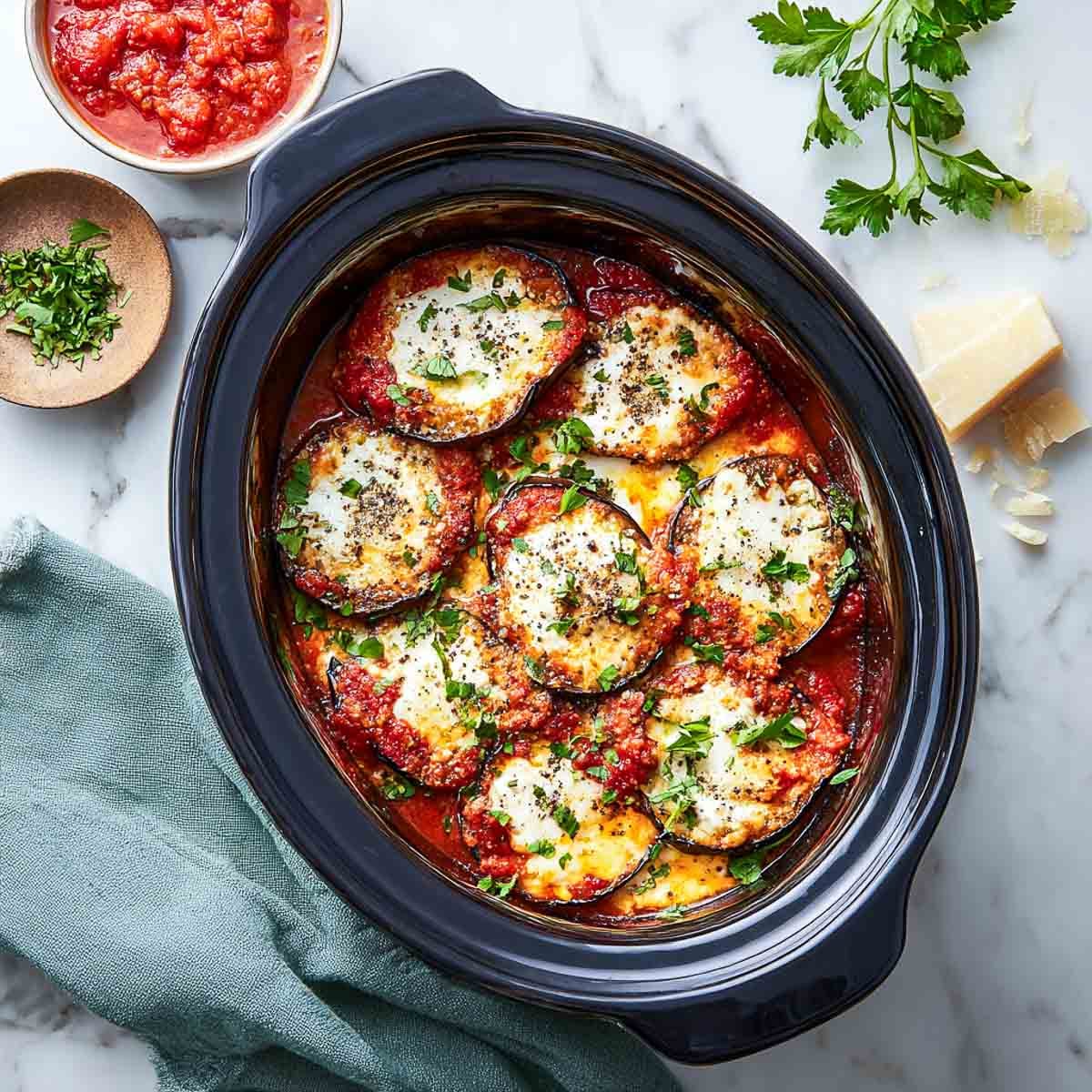 Low carb eggplant parmesan topped with melted cheese and herbs in a black crockpot.