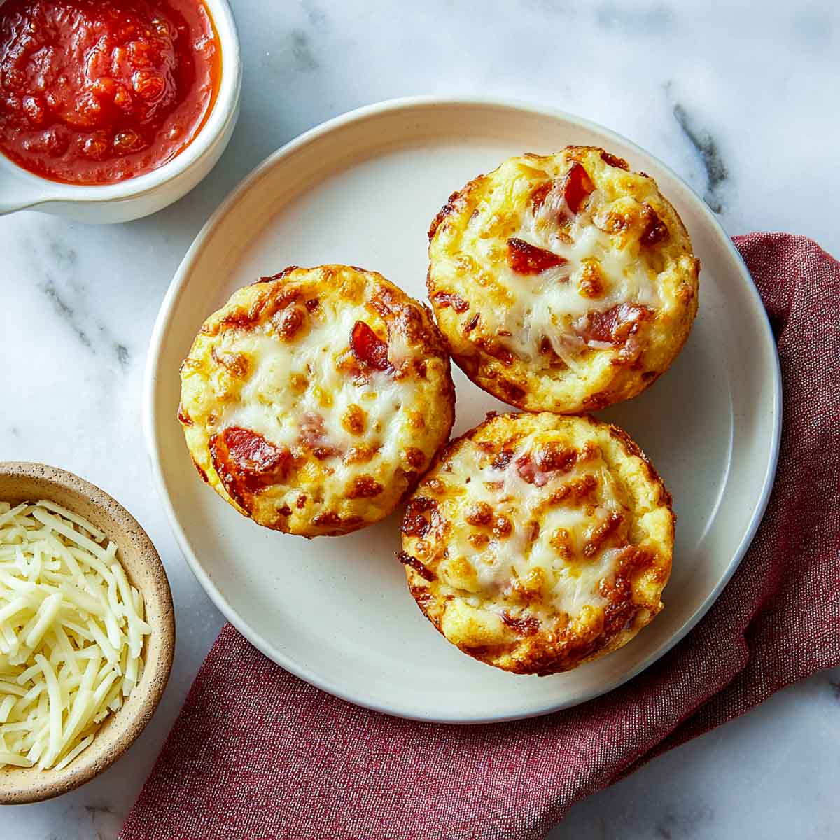 Pizza muffins topped with melted cheese and pepperoni on white plate.