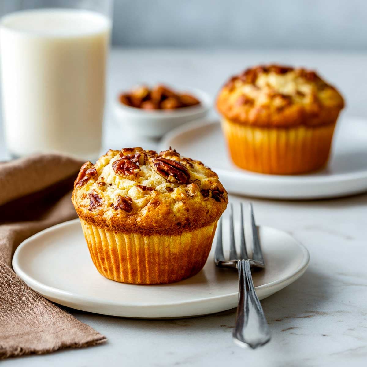 Maple pecan cottage cheese muffin on a white plate with a fork, served with a glass of milk in the background.