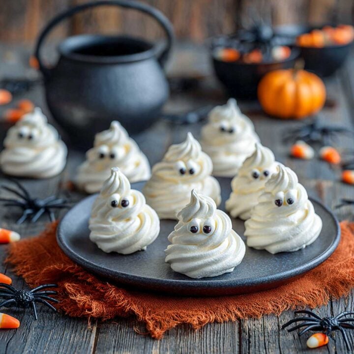Side view of ghost-shaped meringue cookies with candy eyes on plate.