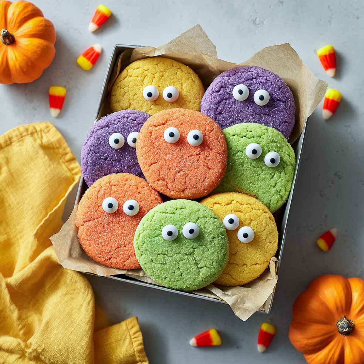 Top-down view of colorful monster cookies in orange, green, purple, and yellow, each decorated with two candy eyeballs.