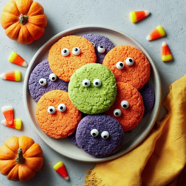 Colorful monster eye cookies with candy eyeballs on a plate.