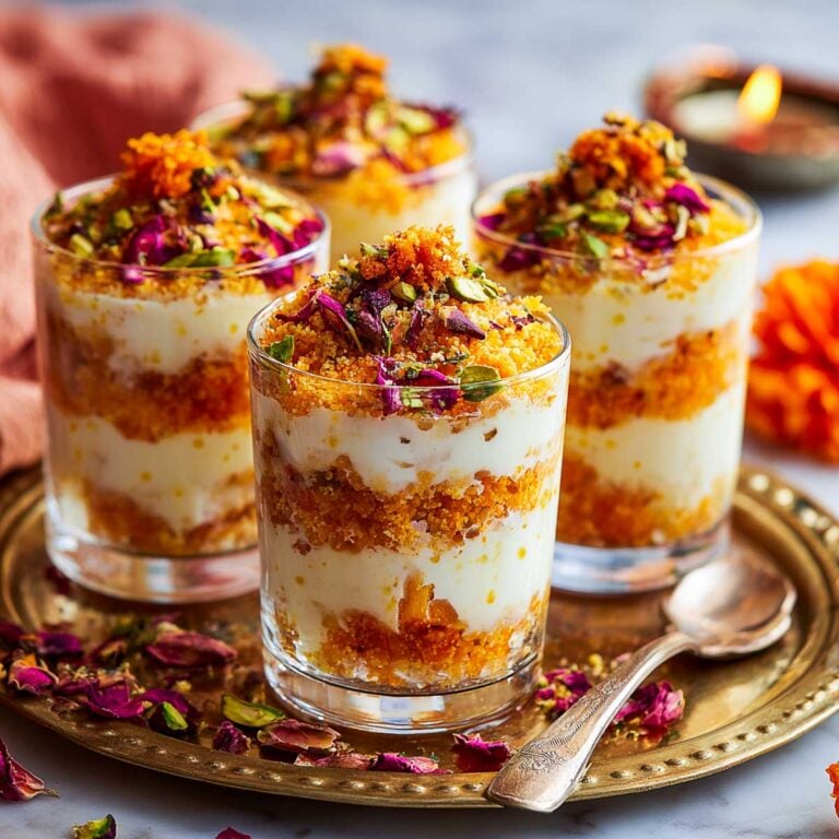 Glasses of motichoor ladoo cheesecake topped with pistachios and rose petals.