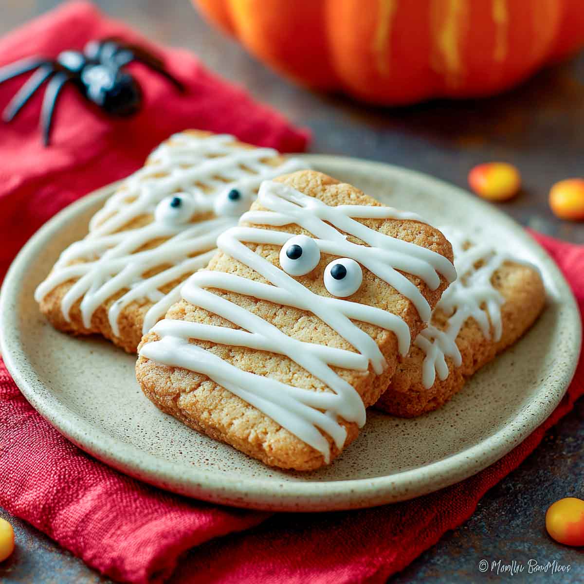 Rectangular mummy cookies decorated with white icing bandages and candy eyes.