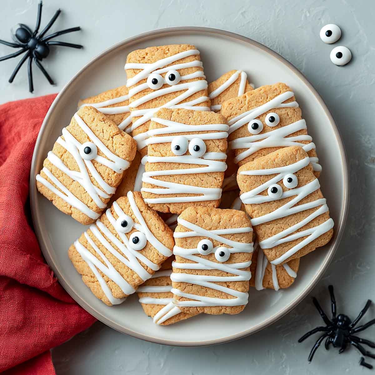 Plate of mummy Halloween cookies topped with icing stripes and eyes.