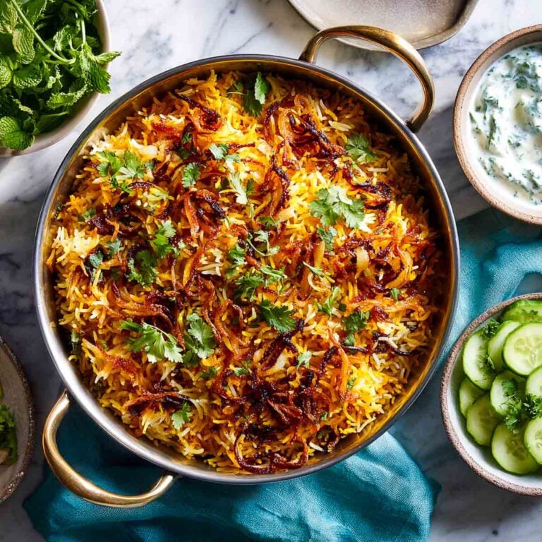 Pot of vegetable biryani topped with fried onions and cilantro.