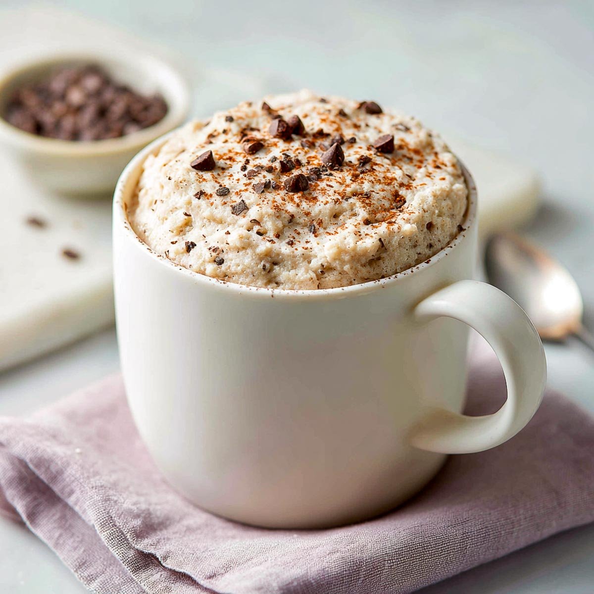 Optavia shake mug cake topped with chocolate chips and cocoa powder.