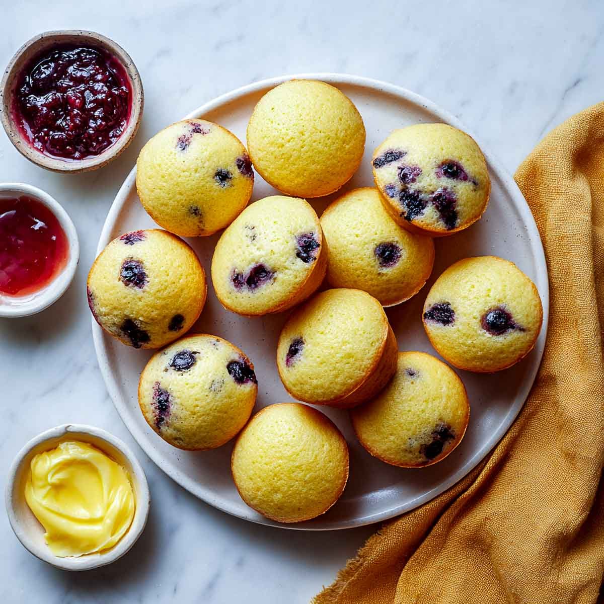 Mini blueberry pancake muffins on a plate with jam and butter bowls.