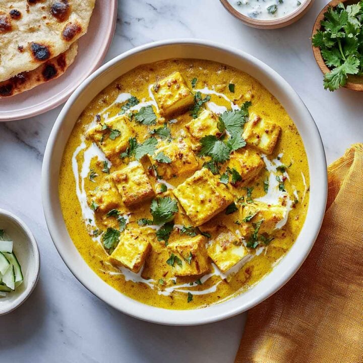 Bowl of paneer korma with cilantro garnish and side of naan.