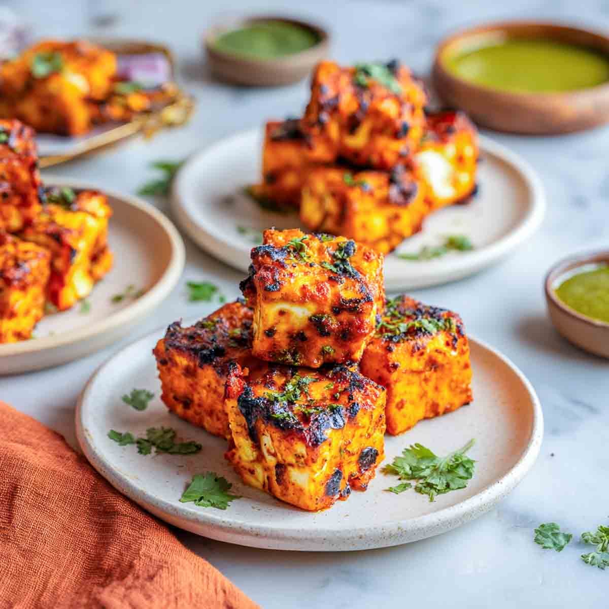 Charred paneer tikka cubes served on a plate with chutney.