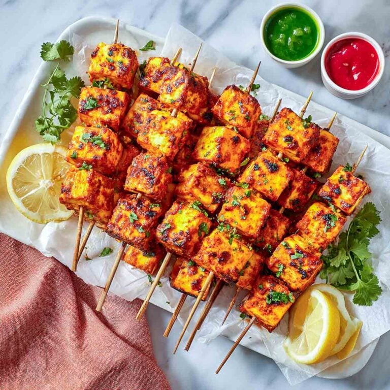 Paneer tikka skewers garnished with herbs and served with chutneys.