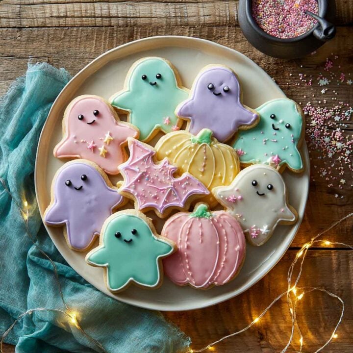 Pastel Halloween sugar cookies shaped like ghosts, pumpkins, and bats.