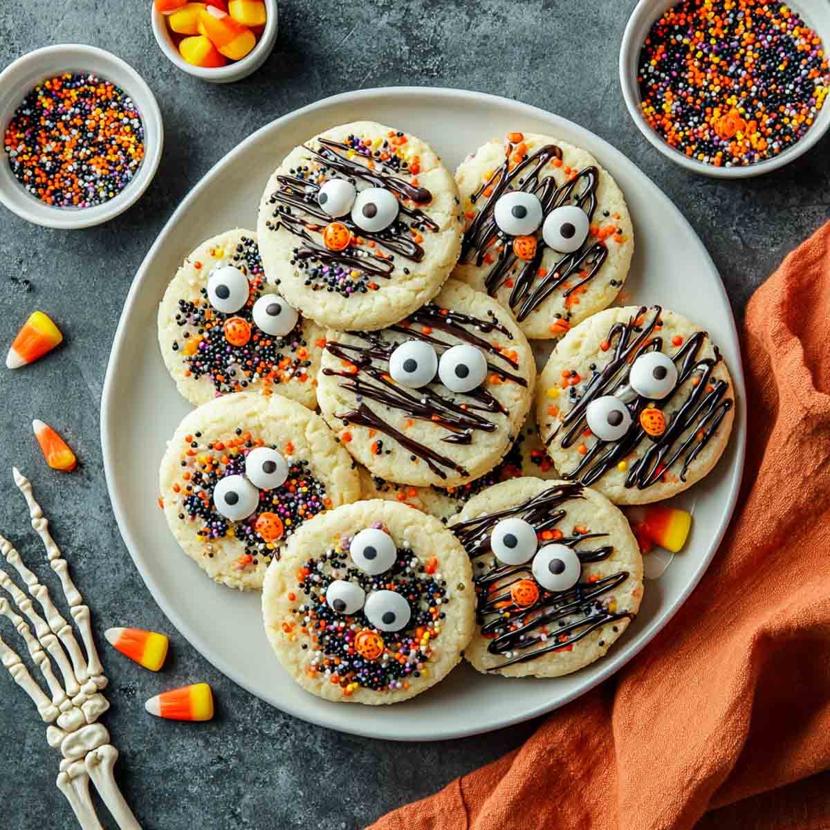 Top-down view of sugar cookies decorated with sprinkles, drizzle, and candy eyes.