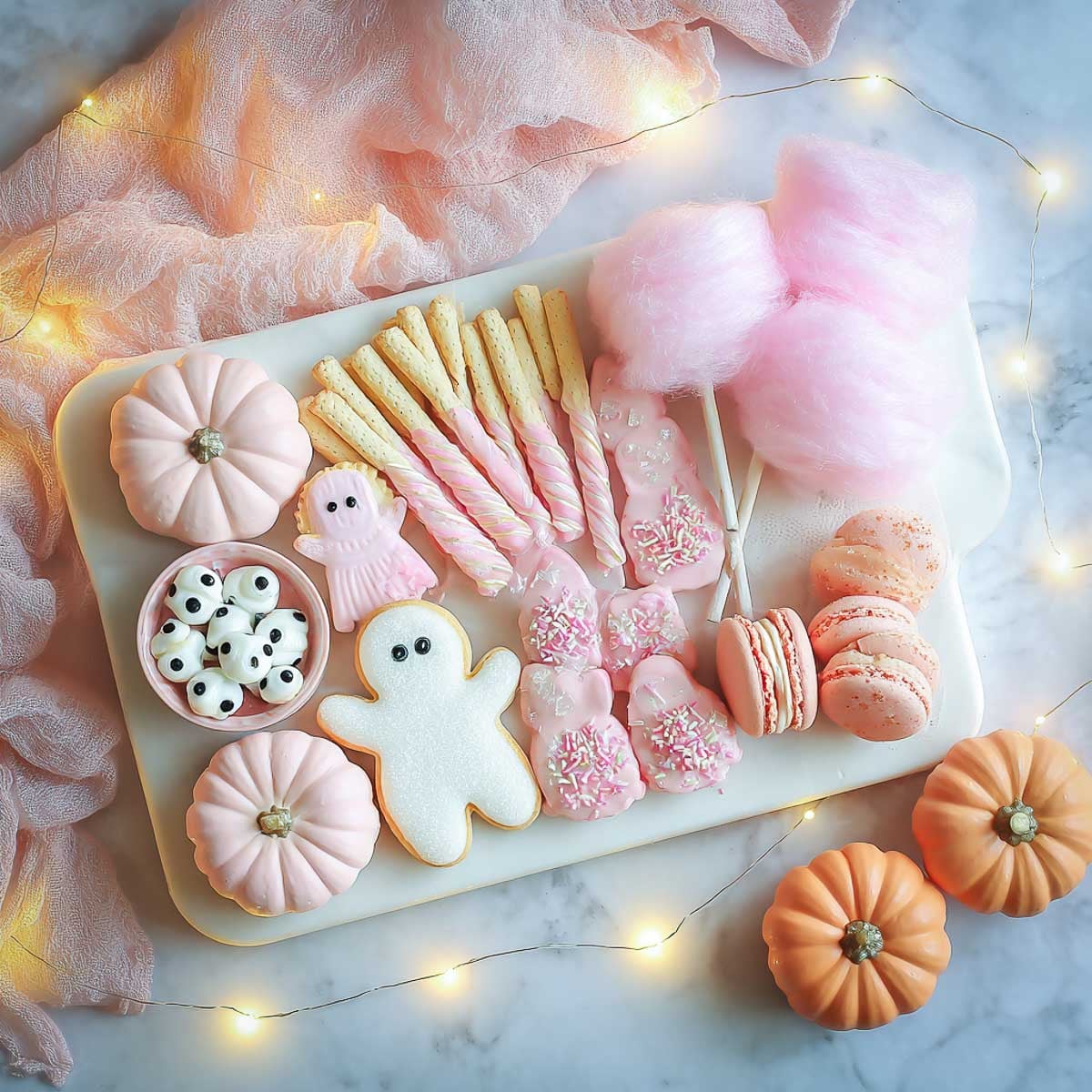 Pastel pink Halloween dessert charcuterie board with ghost cookies, pink pumpkins, candy eyeballs, cotton candy, macarons.