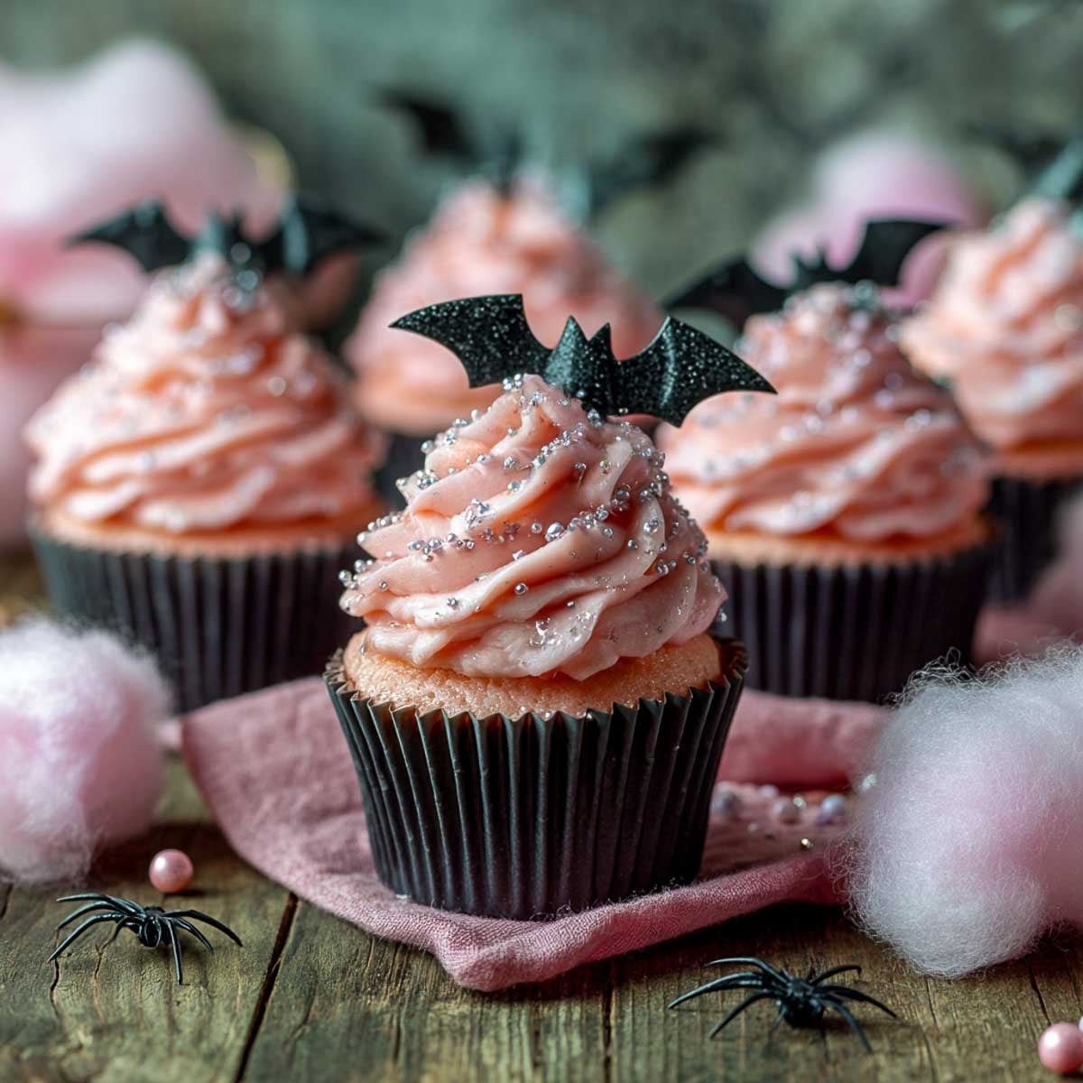 Pink Halloween cupcakes with sparkly frosting, bat toppers, and cotton candy props.