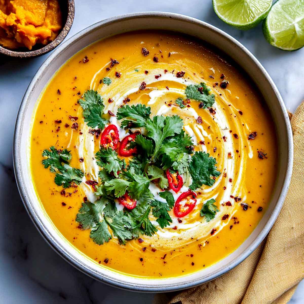 Bowl of vegan pumpkin coconut curry soup with cilantro, chili, and coconut cream.
