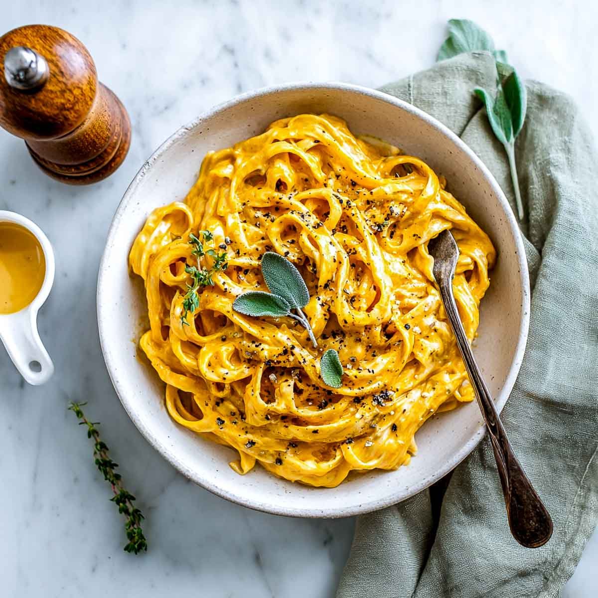 Top view of pumpkin cottage cheese pasta on a plate with fork.