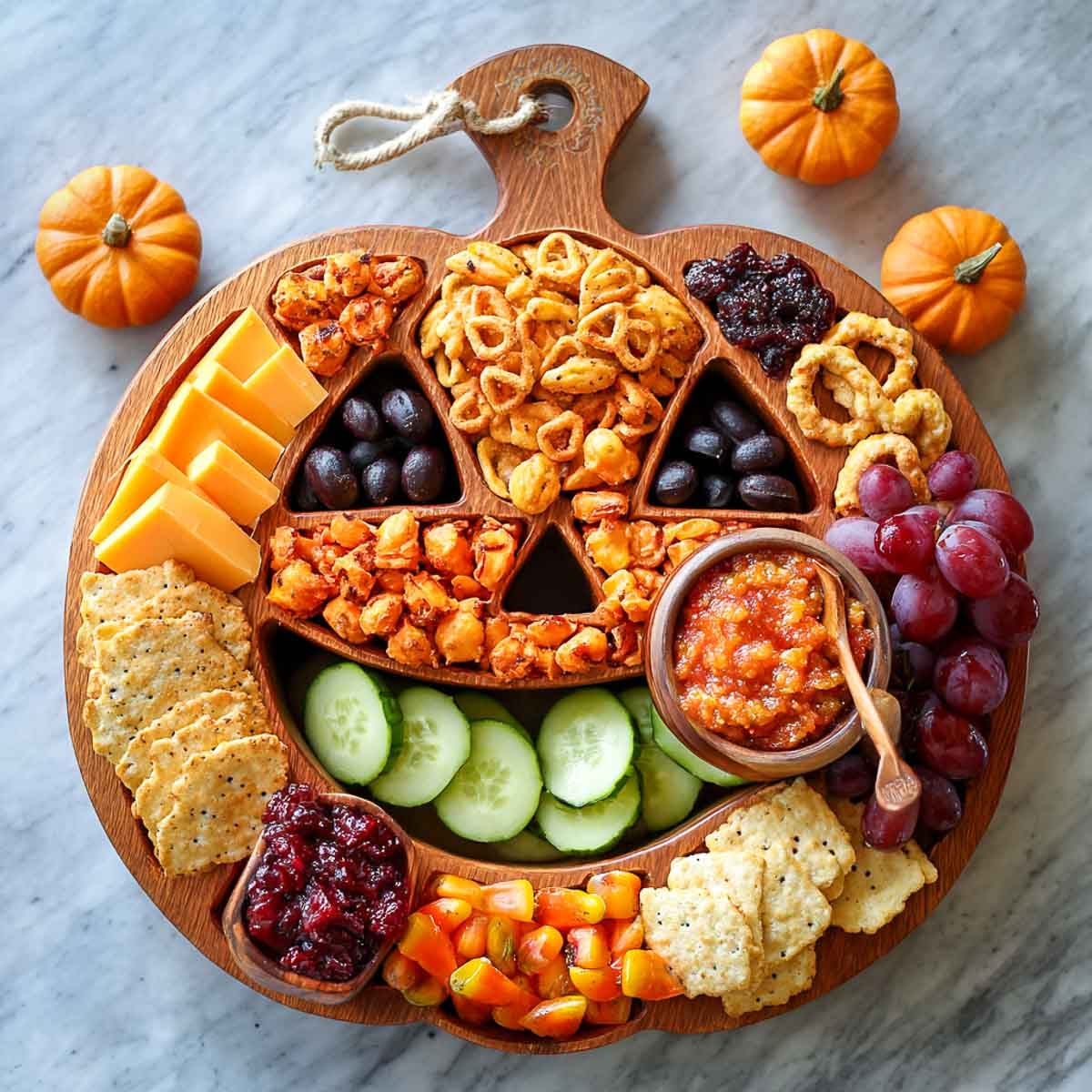 Pumpkin-shaped snack board with cheddar cubes, crackers, cucumber slices, grapes, popcorn, pretzels, candy corn, fruit preserves.