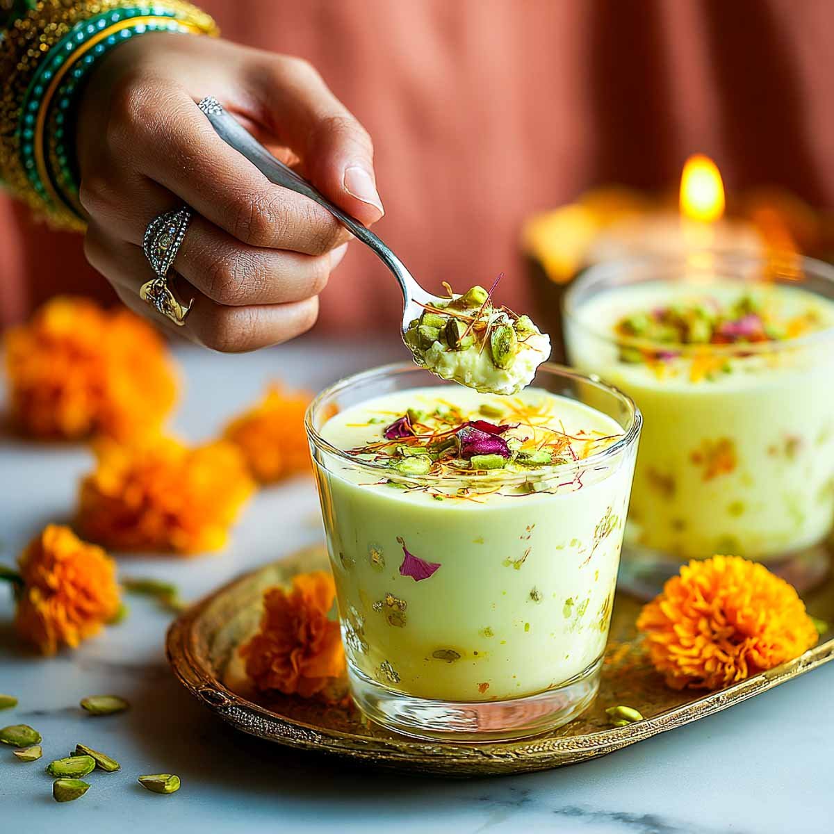 Hand holding a spoonful of Ras Malai mousse topped with pistachios and saffron.