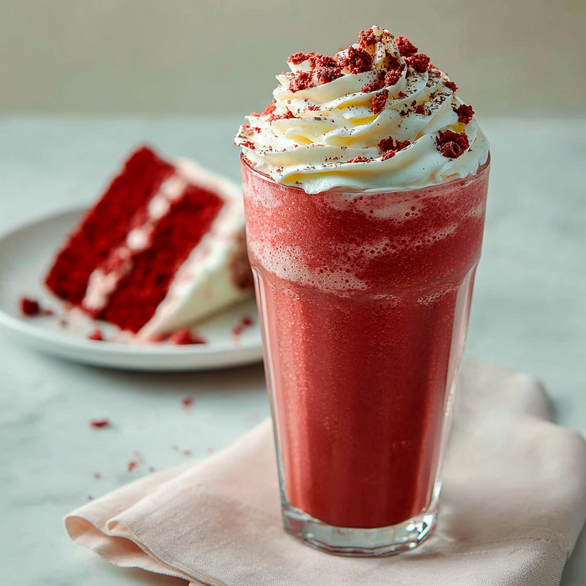 Red velvet cake shake topped with whipped cream and red cake crumbs.